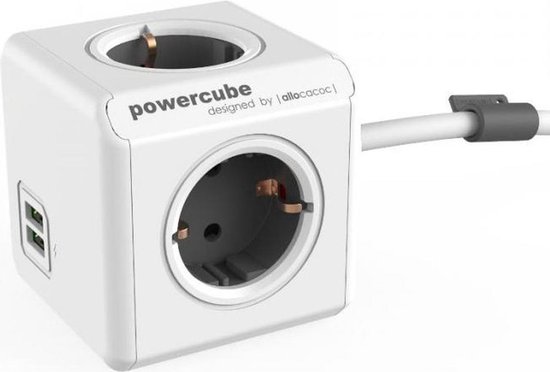 PowerCube Extended Duo USB - 1.5 meter kabel - Wit/Grijs - 4 stopcontacten - 2 USB laders - NL\/DE (Type F)