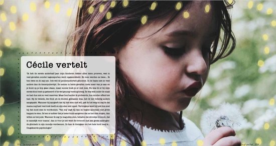 Een meisje met bruin haar dat naar rechts kijkt, met een plukje in haar ogen. Ze houdt een paardenbloem in haar hand. De tekst 'Cécile vertelt' staat links.