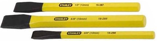 Drie Stanley beitels van 3/8", 5/8" en 1/2" met gele handvatten.