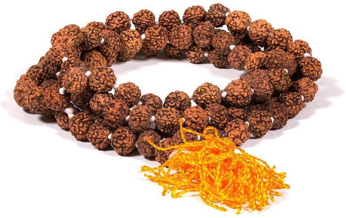 Mala Rudraksha 108 kralen met oranje kwast -- 0.8 cm - Yogi & Yogini Meditation