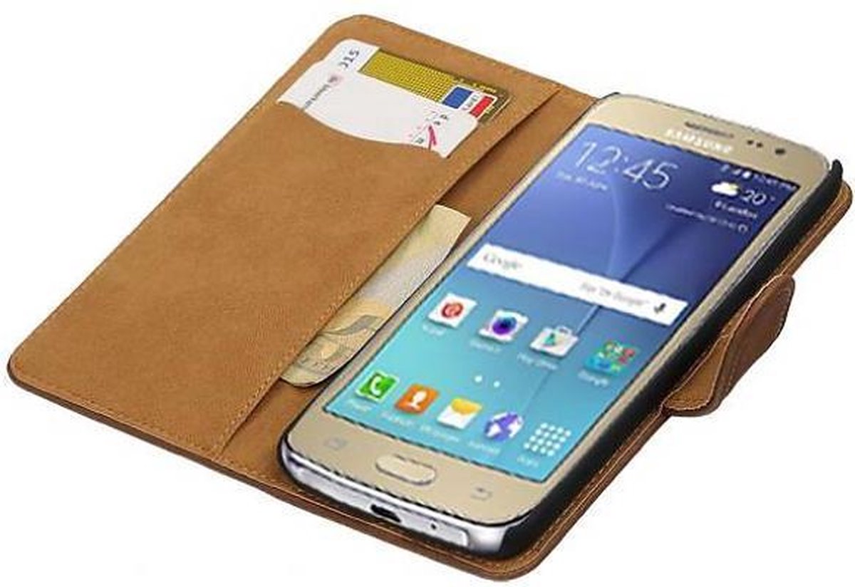 Hout Bookstyle Hoes Geschikt voor de Samsung Galaxy J2 (2016 ) J210F Bruin