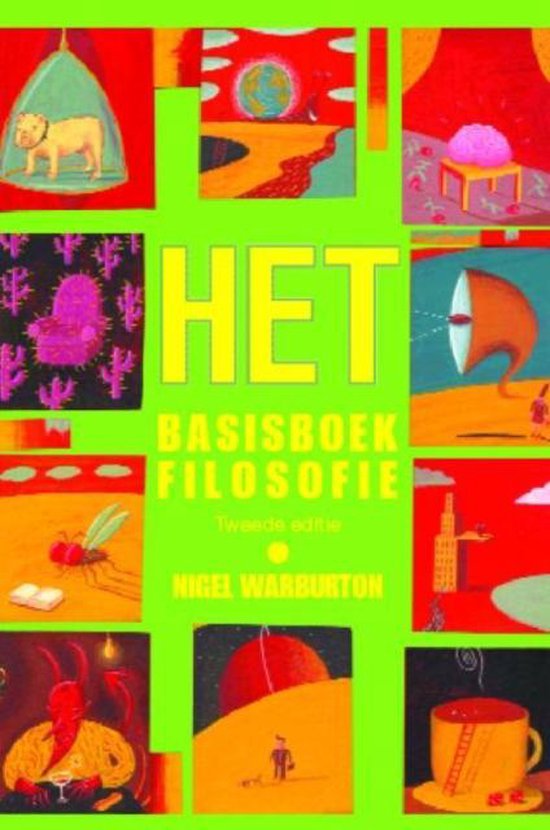 Boek 'Het Basisboek Filosofie' met illustraties in felle kleuren, o.a. een hond in een koepel en een abstract landschap.