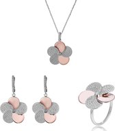 Orphelia SET-7452/60 - Juwelenset Flower: Ketting + Oorbellen + Ring - 925 Zilver Bicolor White/Rosé - Zirkonia - 42 cm / Ringmaat 60