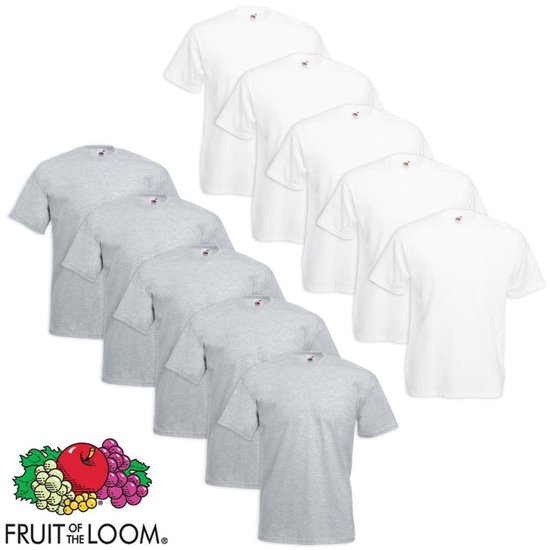 10 x Fruit of the Loom Grote maat Value Weight T-shirt wit en grijs 3XL