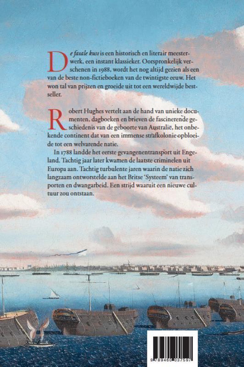 Achterkant boek 'De Fatale Kust' met een schilderij van schepen op zee.