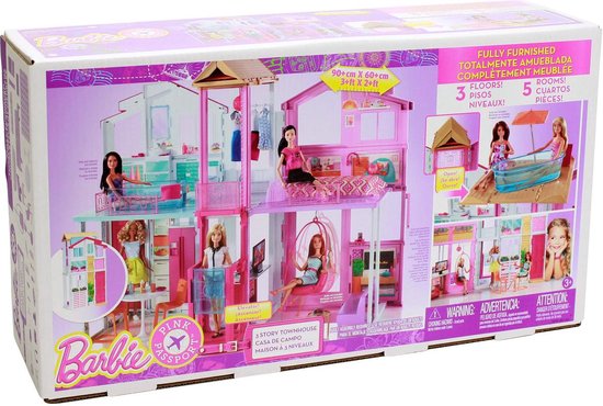 Doos van Barbie Malibu huis met 3 verdiepingen. Bevat afbeeldingen van de pop, het huis en interieur in roze en paarse tinten.