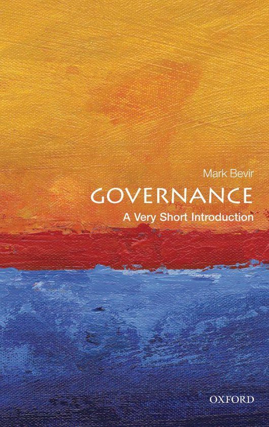 Boek 'Governance: A Very Short Introduction' met een abstracte omslag in oranje, rood en blauw.