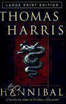 Boekomslag van 'Hannibal' door Thomas Harris, met een grote print en een afbeelding van een draak.