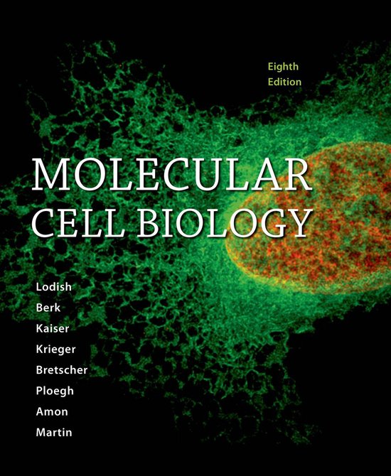 Couverture du livre 'Molecular Cell Biology', Huitième Édition. Une cellule fluorescente avec le texte 'Molecular Cell Biology'.