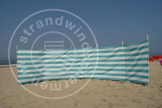 Gastheer van Uitgaven Ongeschikt Strand Windscherm 6 meter Dralon turquoise/wit met houten stokken | bol.com