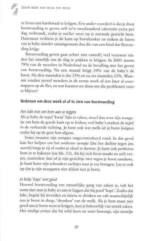 Pagina 20 uit 'Jouw Baby van Week tot Week' met tekst over borstvoeding en baby's eerste weken.