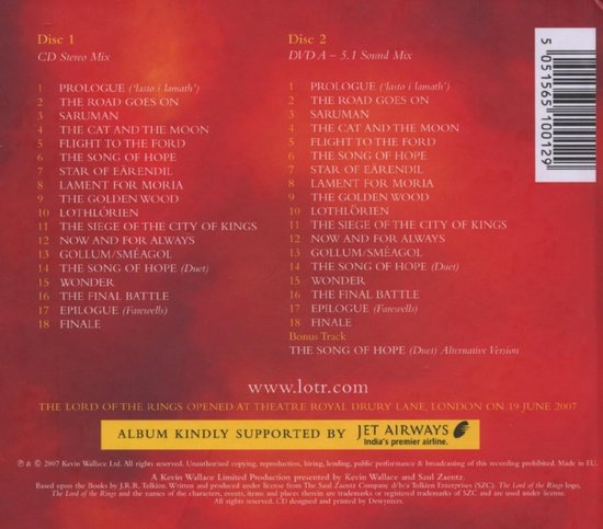 CD jewel case achterkant met tracklist van de soundtrack van 'The Lord of the Rings' en de website www.lotr.com
