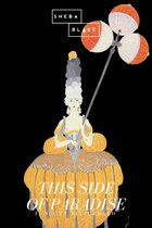 Illustratie van een vrouw in een gele jurk met een hoge pruik, die drie oranje en witte ballonnen vasthoudt. "THIS SIDE OF PARADISE" staat op de jurk.