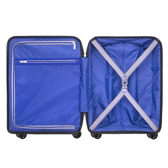 Open zwarte koffer met blauwe voering, ritsvak en spanbanden.