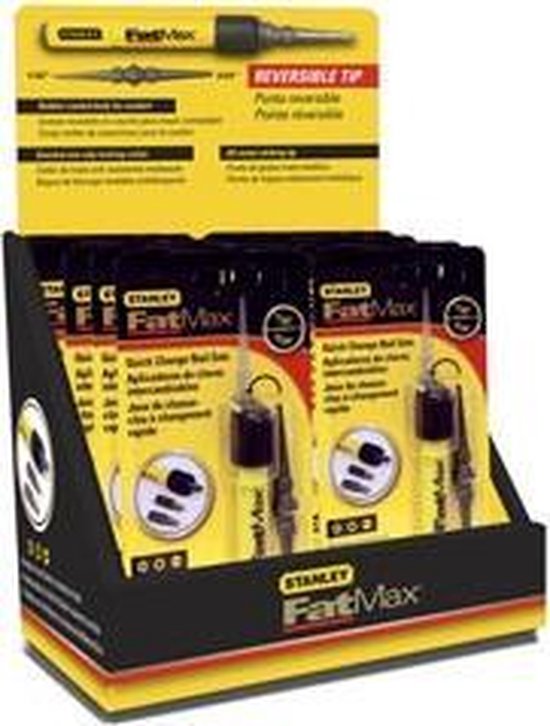 Display met verpakkingen van gele Stanley FatMax automatische drevels, met afbeeldingen van gebruik.