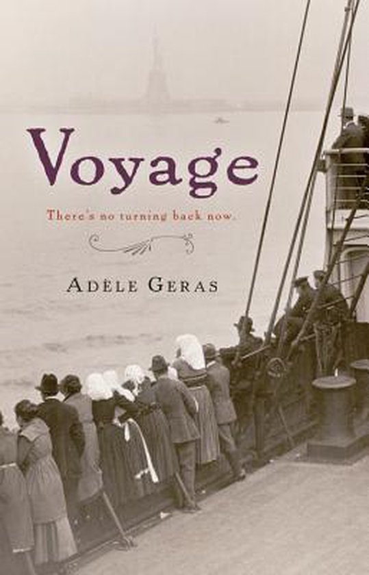 Boek 'Voyage' met de tekst 'There's no turning back now.' en een afbeelding van mensen op een schip.