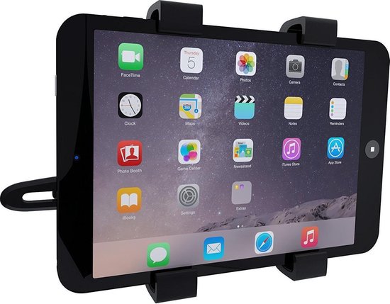 Zwarte tablet houder met een breed scherm, met diverse apps zoals FaceTime, Camera en Foto's.