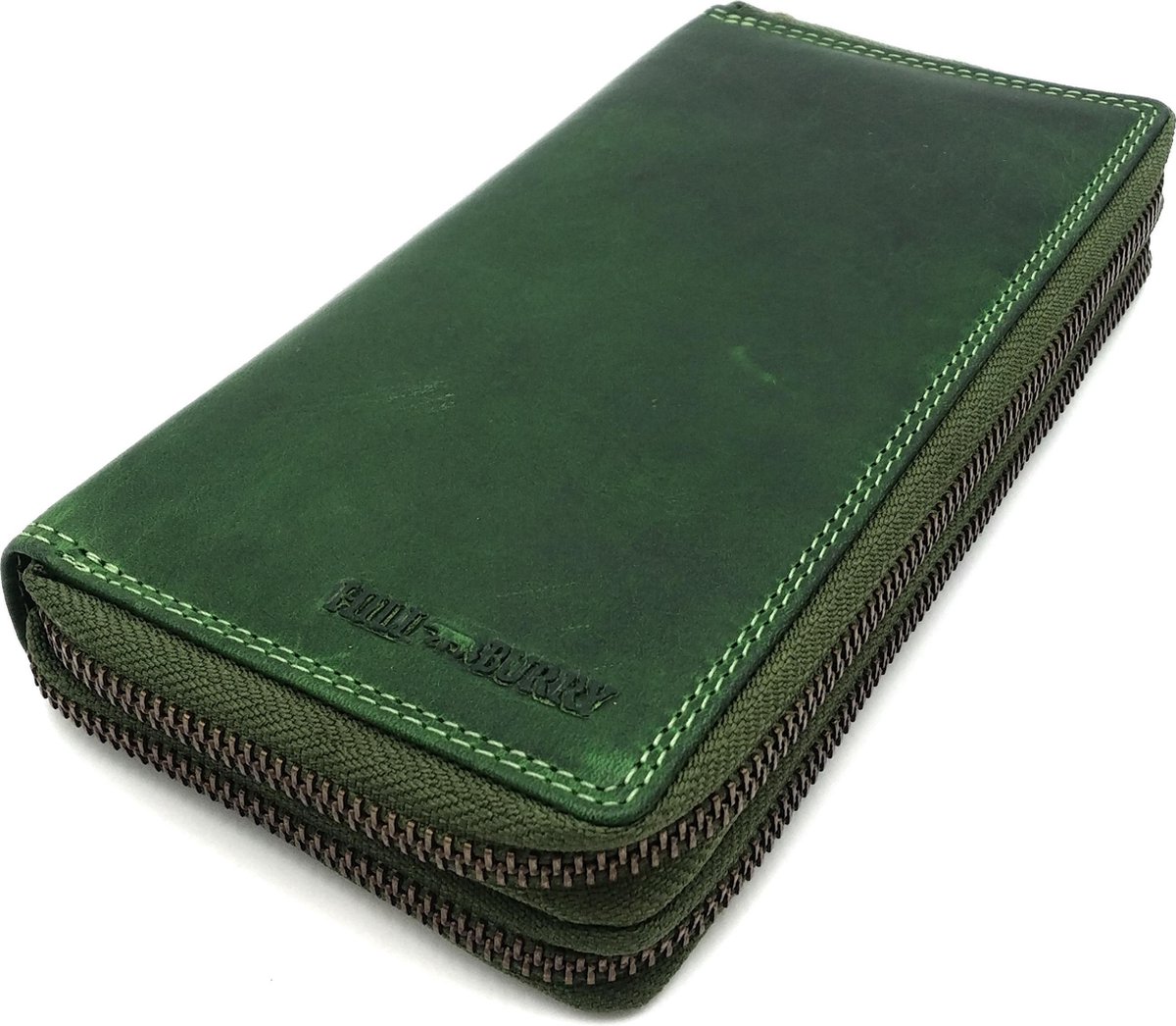 Hill Burry - VL777025 -3628- dubbele rits- portemonnee - vintage leder - Groen.