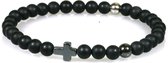 IbizaMen - heren armband - Zwart mat onyx 6mm - hematiet kruisje en kraal - RVS kraal - 21cm