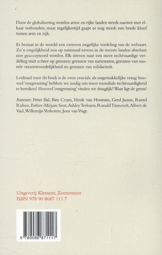 Boekrug met tekst over globalisering, armoede en grenzen. Klement Uitgeverij, ISBN 9789086871117.