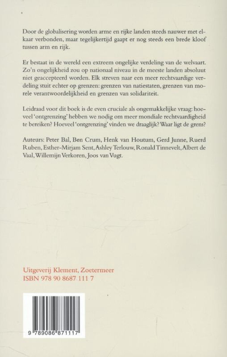 Boekrug met tekst over globalisering, armoede en grenzen. Klement Uitgeverij, ISBN 9789086871117.