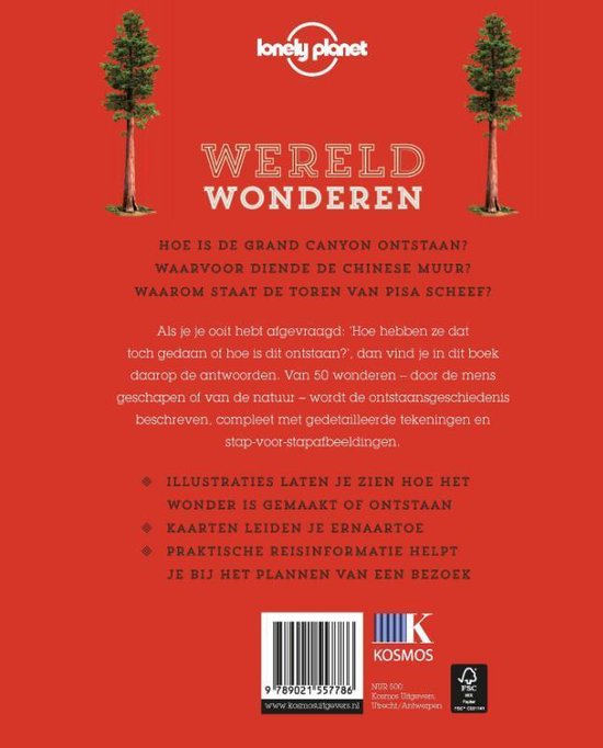 Boek 'Wereldwonderen' van Lonely Planet, met rode achtergrond en bomen.