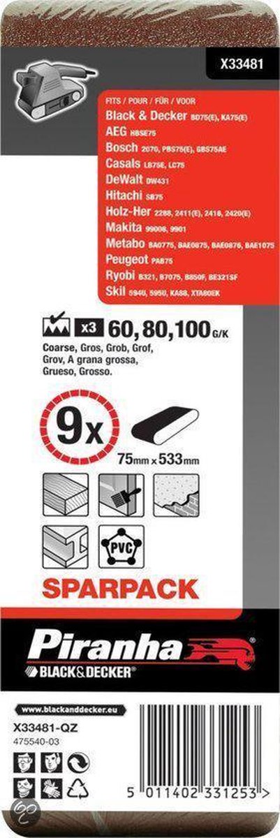 Piranha Sparpack schuurband 75 x 533 mm; korrel 60 (3x), 80 (3x), 100 (3x), 9 stuks X33481