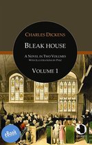 Boekomslag van 'Bleak House' door Charles Dickens, deel 1, met een illustratie van een rechtszaal en veel toehoorders.