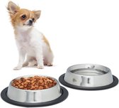 Relaxdays dinerset hond - voer- en drinkbak - rvs voerbak - antislip hondenvoerbak zilver - S