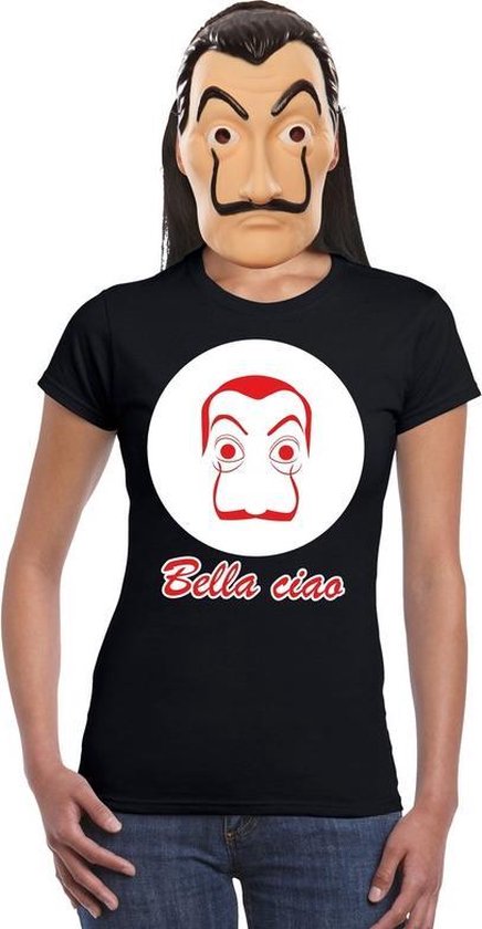 Zwart Salvador Dali t-shirt maat L - met La Casa de Papel masker voor dames - kostuum