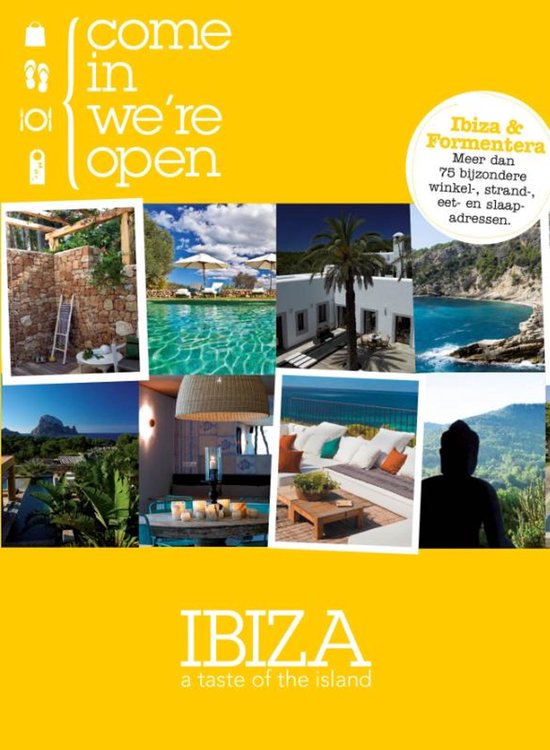 Collage van Ibiza-gerelateerde afbeeldingen: strand, zwembad, huis, dorp en natuur.
