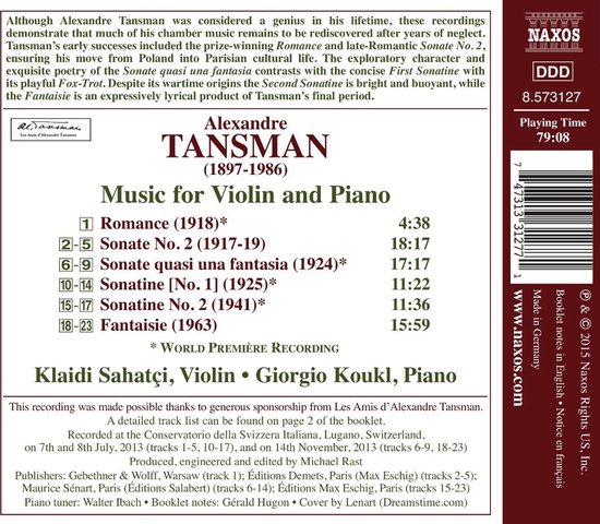Klaidi Sahatci & Giorgio Koukl - Alexandre Tansman: Music For Violin And Piano (CD)