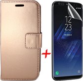 Samsung Galaxy S8 Hoesje Lederen Siliconen TPU Bookcase + Screenprotector PET Glas Folie - Rose Goud - van iCall