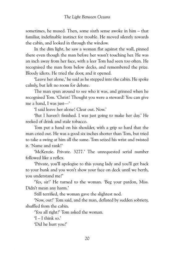 Pagina 20 van het boek 'The Light Between Oceans'. Tekstpagina met inhoud.
