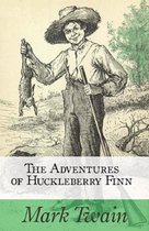 Tekening van een jongen met hoed en bretels, die een konijn vasthoudt. Titel: The Adventures of Huckleberry Finn, auteur: Mark Twain.