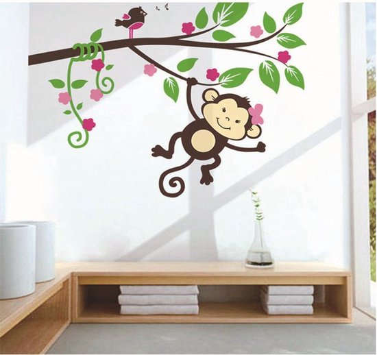 Muursticker aapje - vogel slingerend aan tak | kinderkamer - babykamer | hip - modern - decoratie