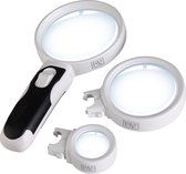 Vergrootglas met handige LED Verlichting | Hand vergrootglas loep met licht | Handloep leeslamp | 3 opzetstukken (2.5X/5X/16X)
