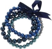 Behave® elastische parel armband dames met 3 tinten blauwe glasparels en grijs