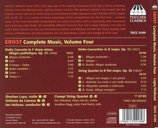 Hoes van Heinrich Wilhelm Ernst: Complete Music, Volume Four. Bevat tracklijsten en artiesteninformatie.
