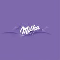 Milka logo met een koe op een paarse heuvel en berglandschap.