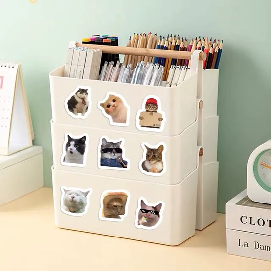 Een organizer met pennen en potloden, versierd met diverse kattenstickers: kat met zonnebril, kat in brood, kat met rood mutsje.