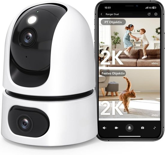 StayPowered 2K + 2K Dubbele Camerabewaking - Slimme AI & Nachtzicht - 360° PTZ & Automatische Tracking - 2-Weg Audio & Sirene - Privacy Modus & Bewegingsdetectie - Alexa Compatibel & Flexibele Opslag - Wit - Levering Sneller dan Aangegeven!
