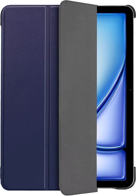 Donkerblauwe tablet case met een grijze flap, gedeeltelijk geopend.