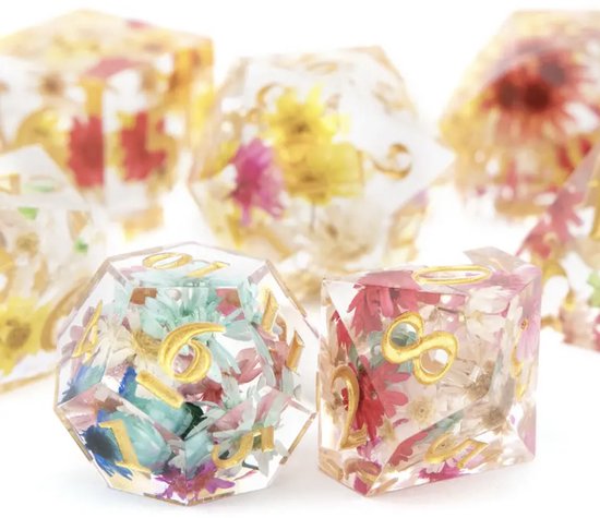 Ensemble de dés Joya Kids® Dungeons and Dragons | Set de Dés DnD Polydice | Ensemble de dés D&D | Ensemble de 7 pièces en résine | Coffre de rangement de Luxe inclus | Transparent avec des Fleurs colorées