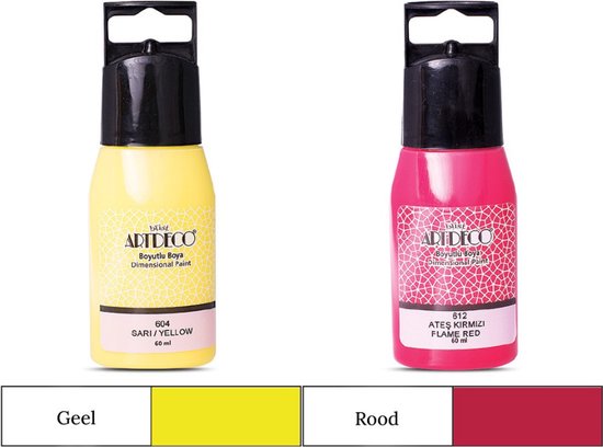 Artdeco 3D Dimensionale Verf Set – 2x50 ml – Geel & Rood – Geschikt voor Stof, Glas, Keramiek, Karton, Metaal, Papier & Steen – 3D Liner Textuur- en Reliëfschilderen Dimensional Paint