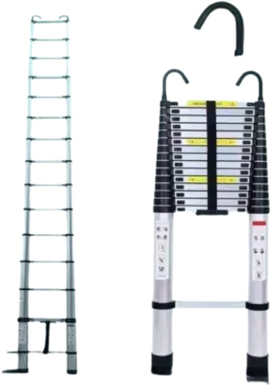 Aluminium telescopische ladder volledig uitgeschoven en in gesloten toestand met losse haak.