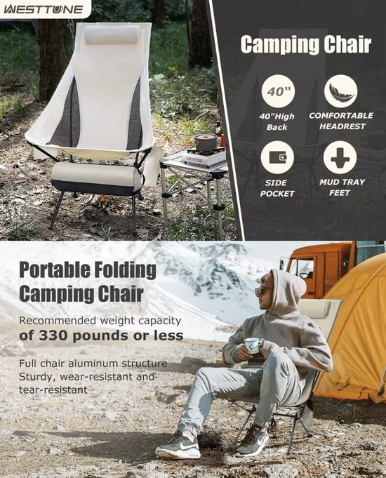 Draagbare Opvouwbare Luxe Campingstoel - Met Hoofdsteun - Lichtgewicht - Aluminium Visstoel - Inklapbare Campingstoel - Outdoor Stoel - Kampeerstoel - Luxe Kampeeruitrusting - Ergonomische Campingstoel - Waterproof - Beige van Merkloos — afbeelding 5