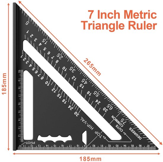 Équerre de charpentier 180 mm - Règle en aluminium - Équerre de charpentier triangulaire 45/90 degrés - Outil de mesure de haute précision - Pour charpentier, couvreur, ingénieur - Zwart