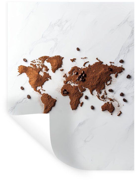 Carte du monde faite de poudre de café brune et de grains sur fond marbré.