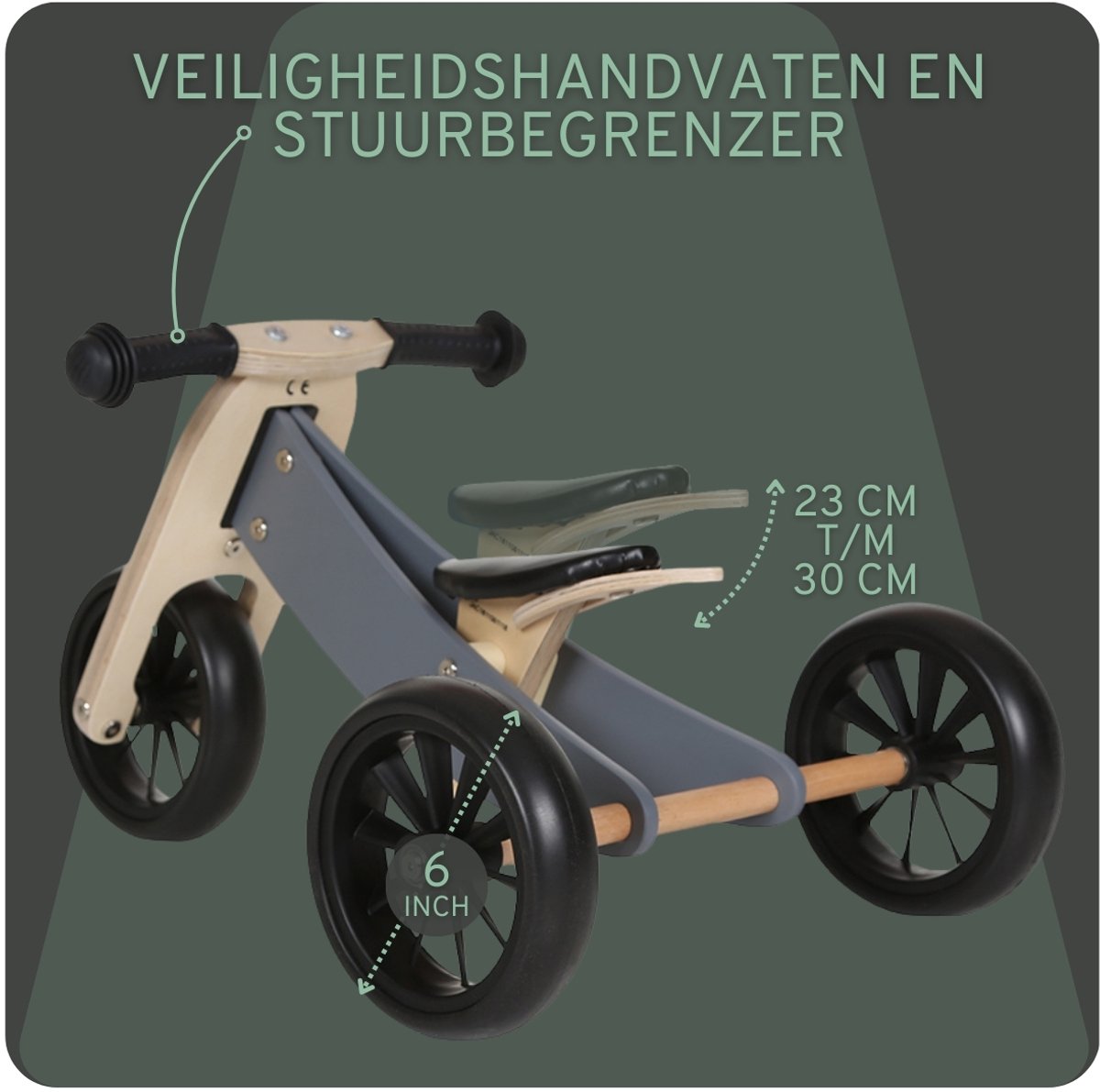 Bandits & Angels Smart Bike Loopfiets Hout 4-in-1 Grijs vanaf 1 jaar - Voor Jongens en Meisjes - Houten Loop Fiets - Omkeerbaar in Driewieler en Tweewieler - Verstelbaar Zadel — afbeelding 2